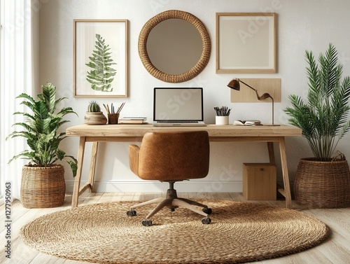 Obraz na płótnie Serene home office setup featuring natural light wooden desk plants and a laptop creating a calming workspace for focus and productivity w salonie