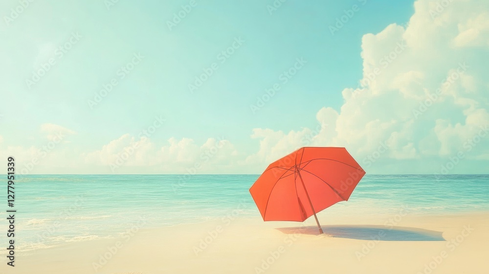 A beach umbrella casting shade on the sand with the ocean in the background. A beach umbrella casting shade on the sand with the ocean in the background.