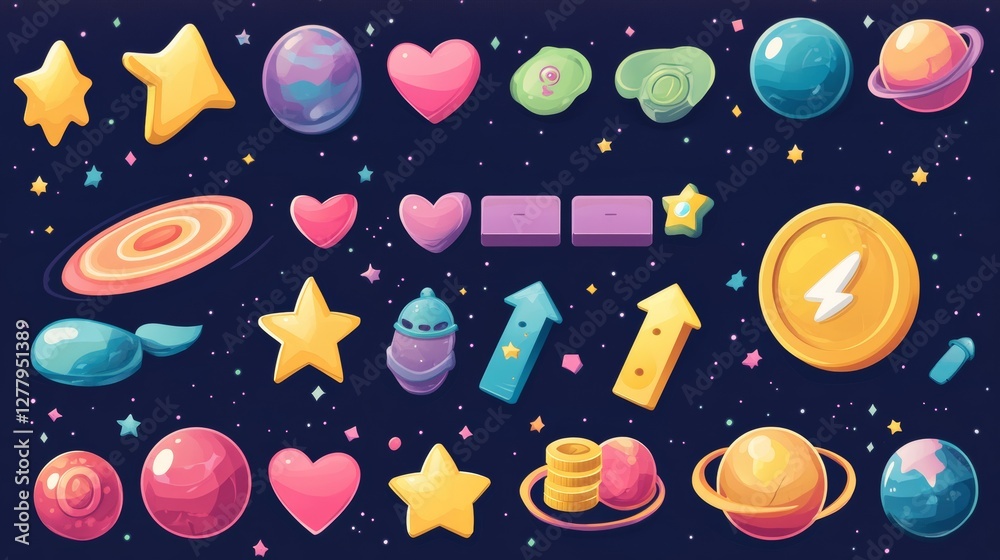 Game interface elements for outer space game. Buttons like play, shop, and exit. Progress bars, stars, hearts, and coins. Everything is set on a starry background with planets. Game interface elements for outer space game. Buttons like play, shop, and exit. Progress bars, stars, hearts, and coins. Everything is set on a starry background with planets.