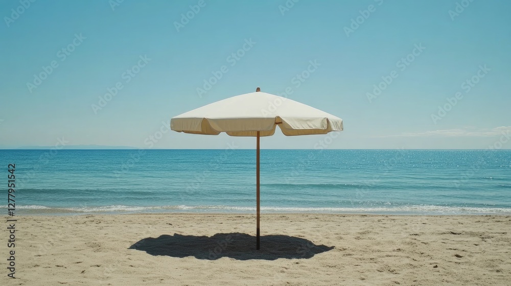 A beach umbrella casting shade on the sand with the ocean in the background. A beach umbrella casting shade on the sand with the ocean in the background.