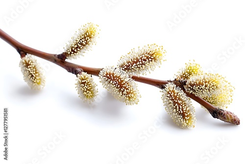 Flowering willow branches isolated on white background, top view