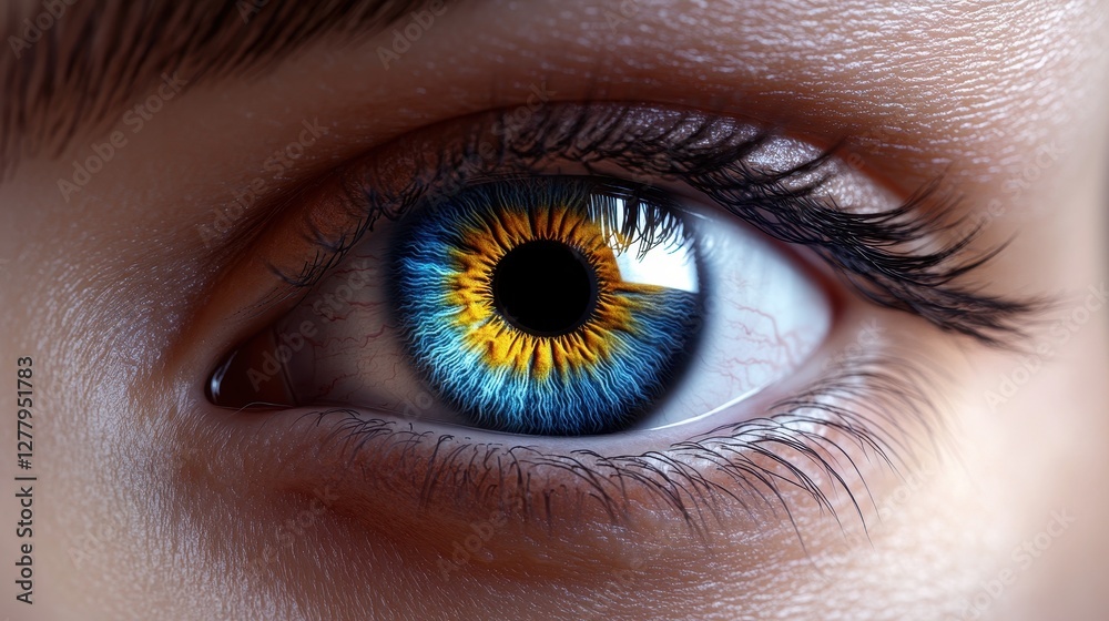 Close-up of a vivid eye with striking blue and orange colors, showcasing intricate details. Close-up of a vivid eye with striking blue and orange colors, showcasing intricate details.