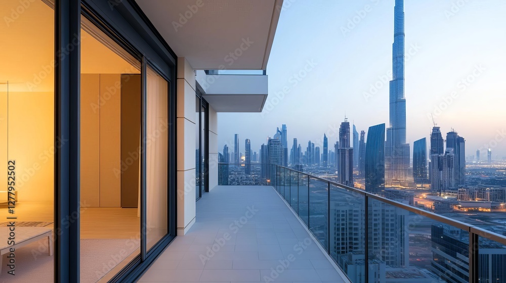 Obraz premium Sleek outdoor terrace with panoramic city skyline views, high-end architecture