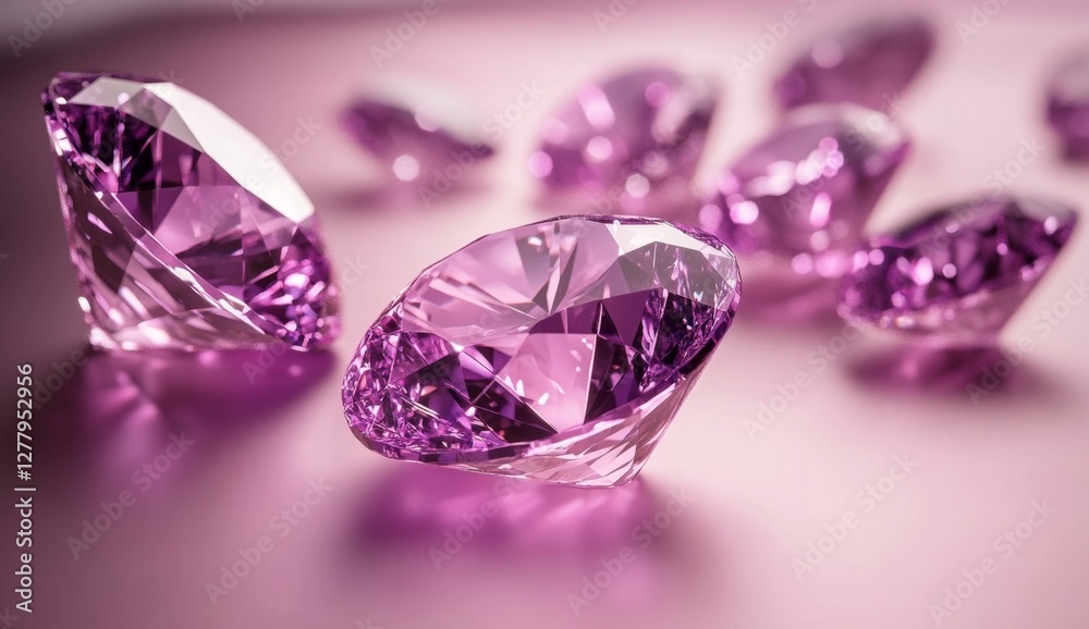 Pink diamonds scattered on a reflective surface, close-up Pink diamonds scattered on a reflective surface, close-up