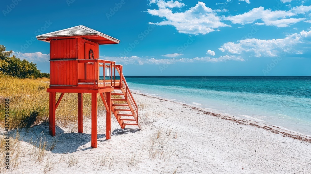 A lifeguard tower overlooking the shoreline with the sea in the background. A lifeguard tower overlooking the shoreline with the sea in the background.