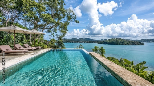 A luxurious infinity pool facing the sea with crystal-clear water.