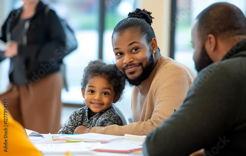 Family participating in a health fair, learning about personalized healthcare plans, mental resilience, and cardiovascular health. 