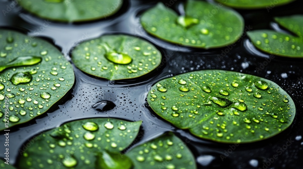 Water droplets on lily pads, calm pond, zen background, spa concept Water droplets on lily pads, calm pond, zen background, spa concept