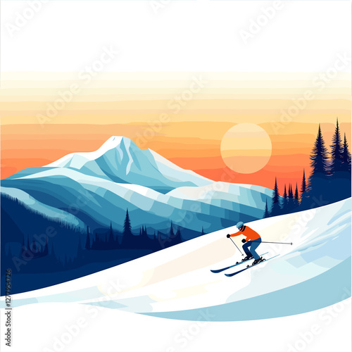 Skier going downhill in snowy mountains at sunset.