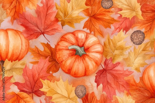 Charming Collection of Watercolor Autumn Leaves and Pumpkins for Thanksgiving Greetings
