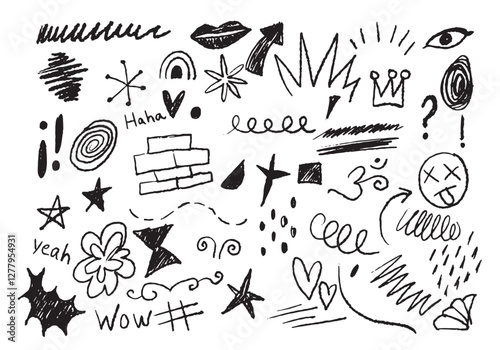 Crayon, pencil childish kid doodle line style with shapes. Random silhouette texture scribble element.