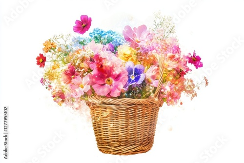 Charming Basket Filled with Vibrant Blooms on a Clean White Background