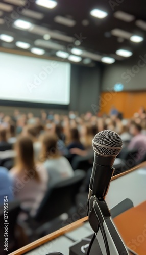 Close up of a microphone with blurred audience in lecture hall, emphasizing speaker s viewpoint photo