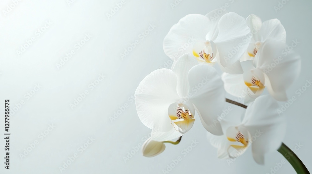 White orchids bloom, serene studio shot, soft background, spa or wellness use White orchids bloom, serene studio shot, soft background, spa or wellness use