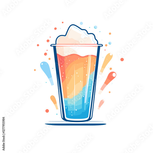 Colorful fizzy drink with foam in cartoon splash style