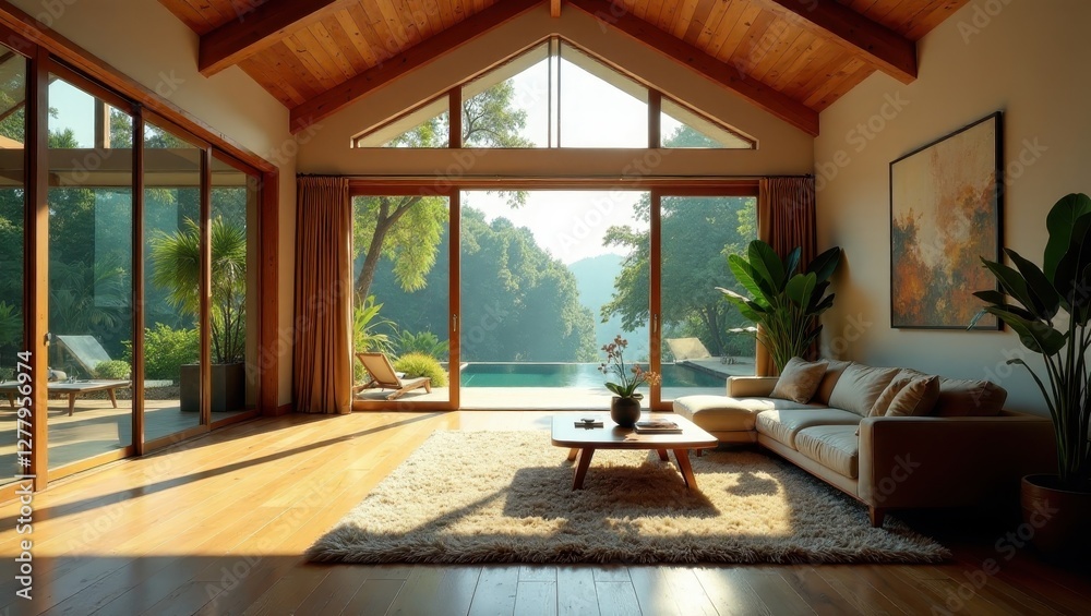 Fototapeta premium Serene Indoor Living Space with Expansive Views of a Tranquil Pool and Lush Greenery, Bathed in Warm Sunlight
