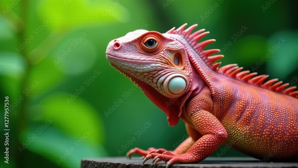 Obraz premium A vibrant red iguana basks in the lush greenery, its scales shimmering under the soft light, a captivating portrait of exotic reptile beauty.