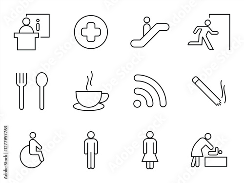 set of public navigation and service facilities line icon
