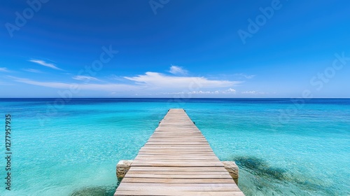 A wooden pier stretching out into the ocean under a bright blue sky.