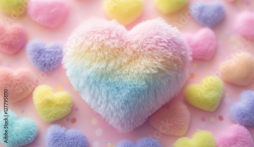 Rainbow fluffy heart among pastel hearts, pink background, Valentine's Day card