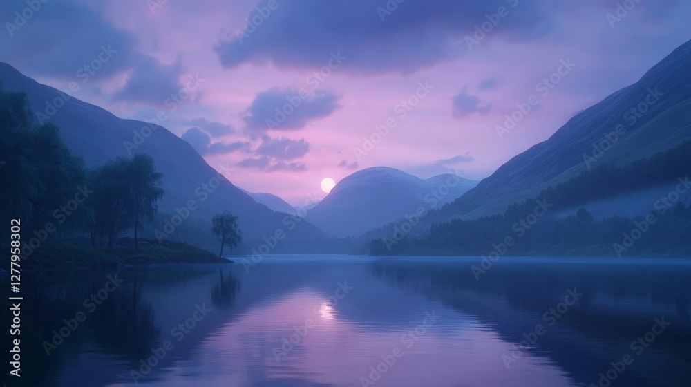 Serene Mountain Lake at Twilight with Reflective Sky Serene Mountain Lake at Twilight with Reflective Sky