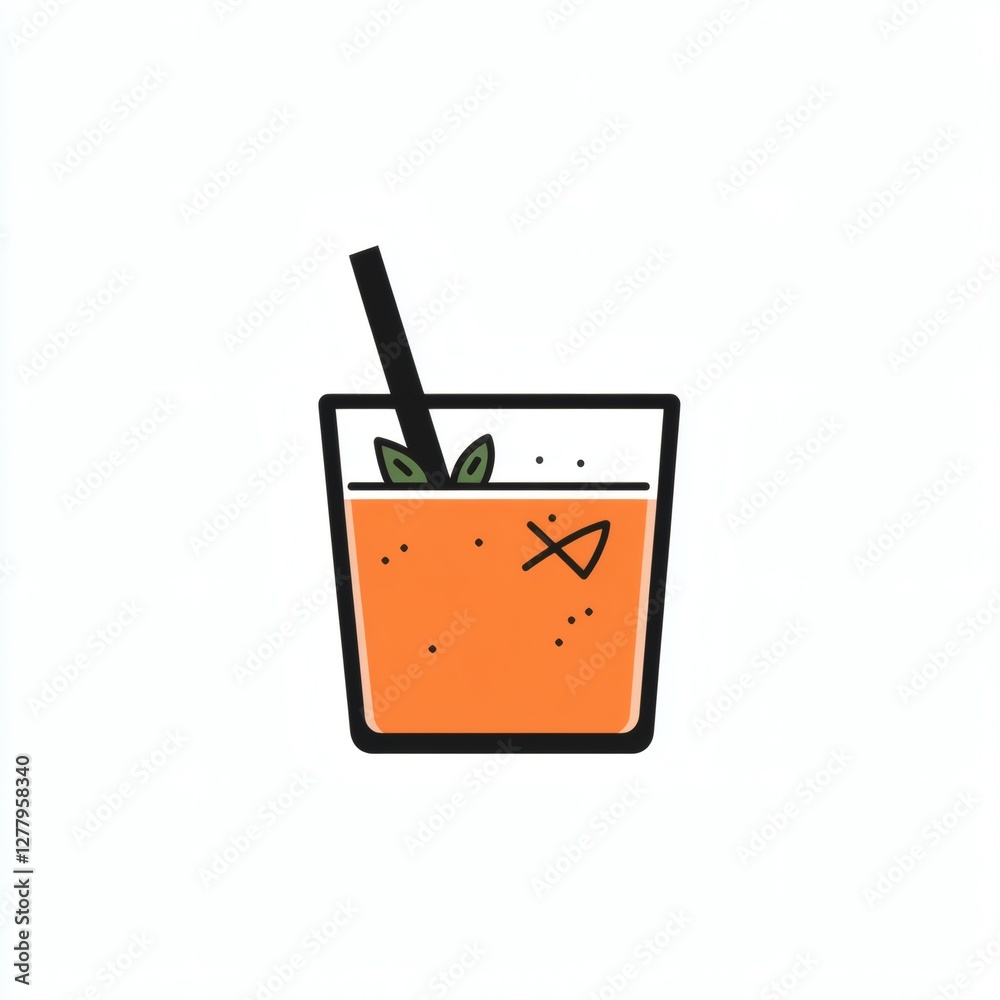 Refreshing orange drink with mint leaves served in a clear glass with a straw on a white background Refreshing orange drink with mint leaves served in a clear glass with a straw on a white background