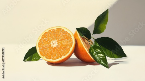 An orange cut in half with green leaves, placed alone on a white surface.