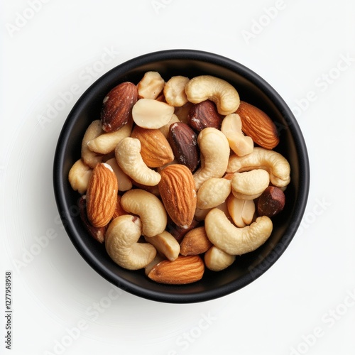 Mix of assorted nuts in a black bowl showcasing a variety of textures and colors