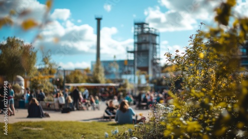 Blurry background of a lively urban park. 
People relax as greenery grows under blue skies with clouds.
An industrial structure stands in the background.