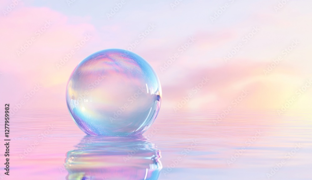 Iridescent sphere reflecting pastel sky, calm water, product display Iridescent sphere reflecting pastel sky, calm water, product display