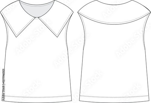 collared round neck sleeveless loose slouchy blouse top template technical drawing flat sketch cad mockup fashion woman design style model 

