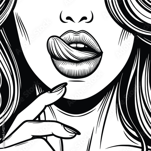 girl with hot lip illustration. hand drawn mouth biting tongue black and white illustration