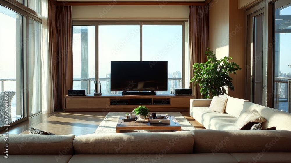 Cozy, elegant living room with a large TV and big windows that let in lots of light. The furniture is stylish and the overall design gives off a calm, inviting vibe. Cozy, elegant living room with a large TV and big windows that let in lots of light. The furniture is stylish and the overall design gives off a calm, inviting vibe.