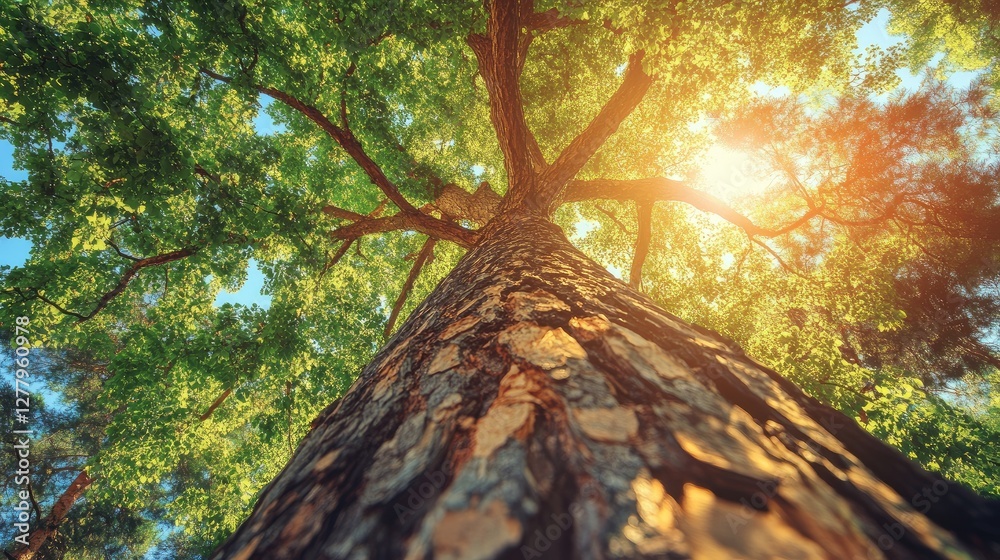 Naklejka premium Sunlight filtering through the branches of a tall tree.