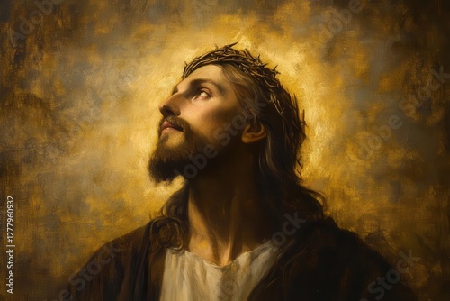 ethereal portrait of christ with golden light radiating peaceful expression soft brushstrokes renaissance style atmospheric lighting muted earth tones photo