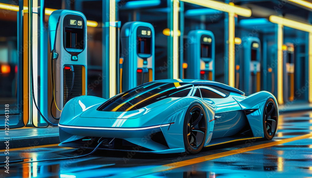 Fototapeta premium An electric car with a futuristic aerodynamic design is charging at a modern charging station in an urban area. The atmosphere of technological progress.