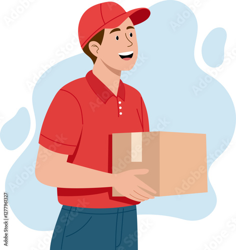 Illustration of a delivery man holding a neatly packed cardboard box and being professional
