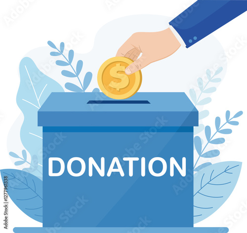 Illustration of a hand dropping a gold coin with a dollar symbol into a blue donation box, conveying the concept of charity, generosity and donating money.