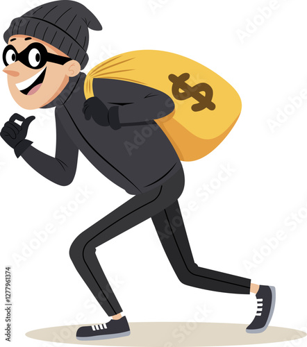 Illustration of a robber dressed in all black, carrying a large yellow sack with a dollar sign on it.