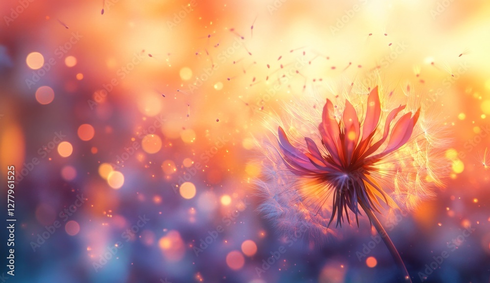 Obraz premium Sunset Dandelion Seeds Floating, Bokeh Background, Hope