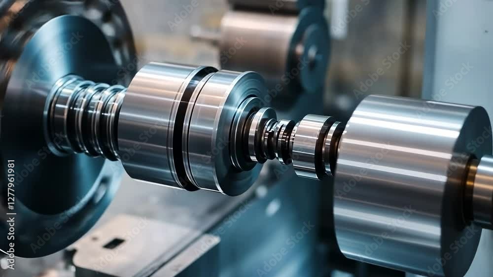 Lathe rotates shiny metal bar in factory, other tools blurred in shop, production concept Lathe rotates shiny metal bar in factory, other tools blurred in shop, production concept