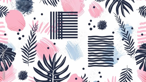 Abstract tropical pattern with paint strokes and leaves on white background