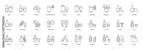 Vector Icons Set - Lager, Pilsner, Pale Ale, IPA (India Pale Ale), Stout, Porter, Wheat Beer, Amber Ale, Saison, Sour Beer, Brown Ale, Barleywine, Bock, Hefeweizen, Gose, Whiskey, Bourbon, Scotch 