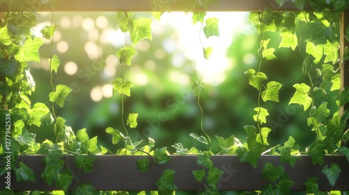 Green ivy covers a wooden trellis, creating a natural backdrop for designs and decorations. The background is blurred to highlight the texture of the ivy. photo