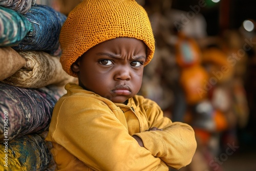 Young child expressing displeasure while sitting among colorful fabrics in a market setting