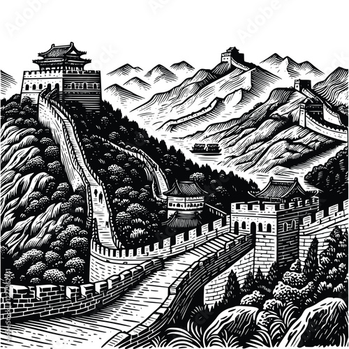 black and white great wall of china illustration. vintage illustration great wall of china