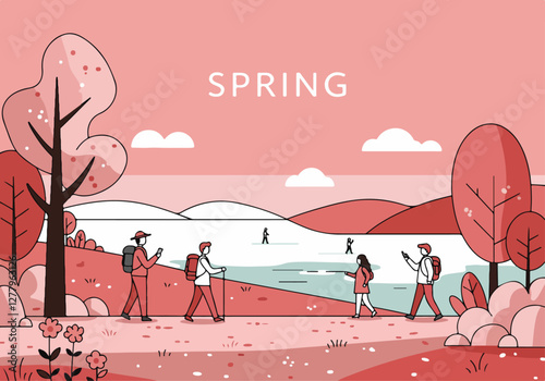 An illustration celebrating spring, featuring people engaging in various outdoor activities surrounded by blooming flowers and trees.