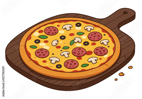A delicious pizza presented on a wooden board, topped with various ingredients, showcasing a mouthwatering culinary creation.