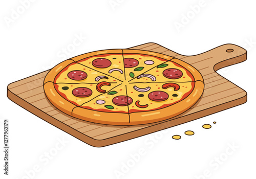 A beautifully arranged pizza on a wooden cutting board, highlighting its toppings and inviting appearance, perfect for sharing.