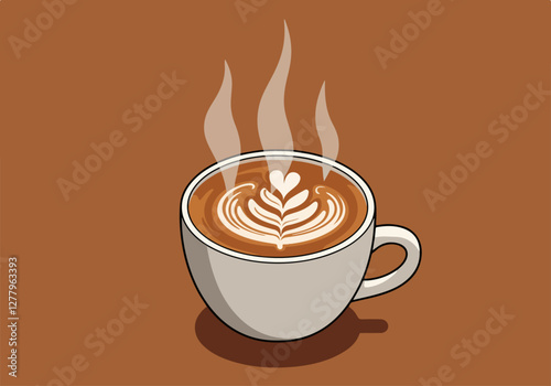 A steaming cup of coffee presented against a warm background, showcasing latte art and inviting aroma, perfect for coffee lovers.